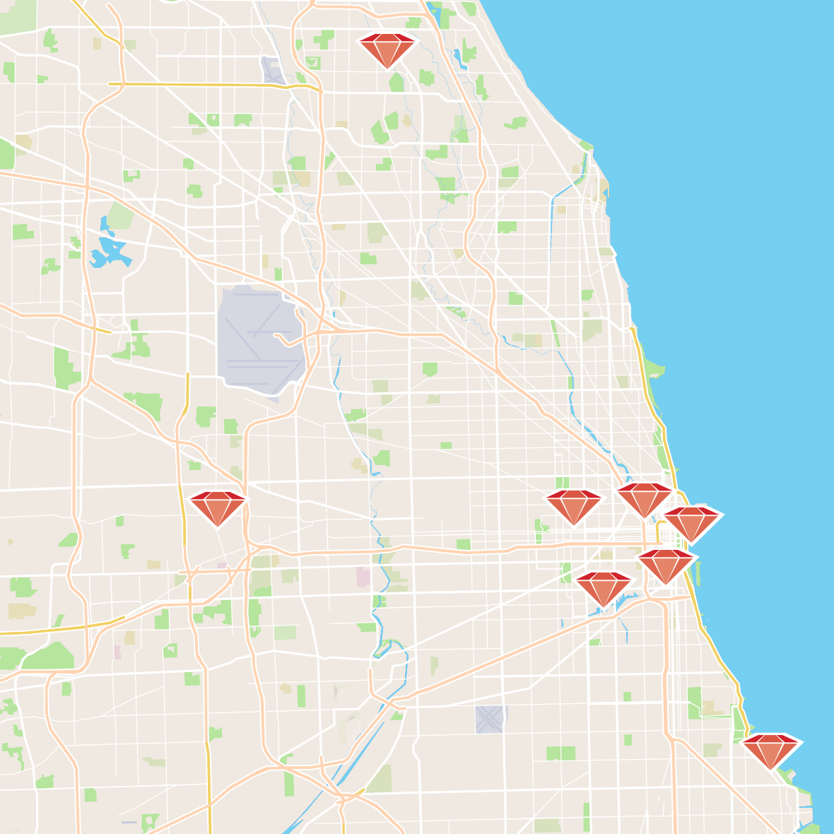 Map of ChicagoRuby locations throughout the Chicagoland area